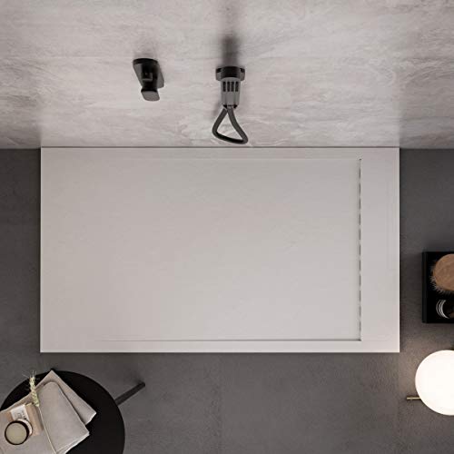 Luminosa ArredoBagno Plato de ducha de resina 140 x 70 cm – Efecto piedra antideslizante con GELCOAT – Modelo Luxury blanco – Rejilla de color sólido y desagüe incluidos