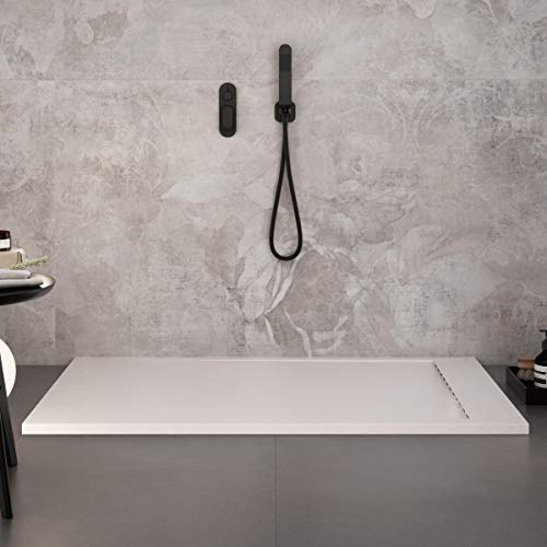 Luminosa ArredoBagno Plato de ducha de resina 140 x 70 cm – Efecto piedra antideslizante con GELCOAT – Modelo Luxury blanco – Rejilla de color sólido y desagüe incluidos