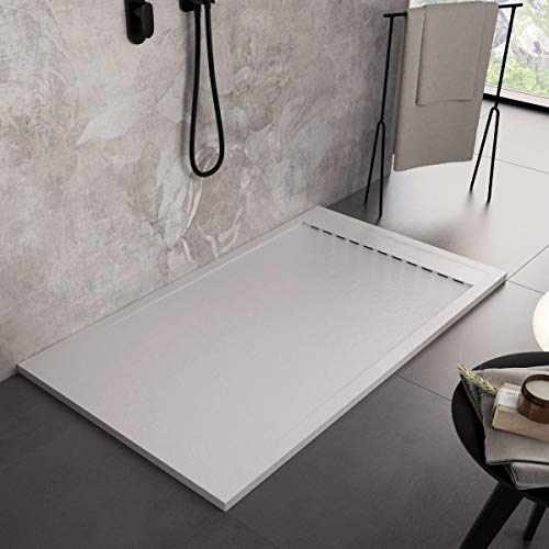 Luminosa ArredoBagno Plato de ducha de resina 140 x 70 cm – Efecto piedra antideslizante con GELCOAT – Modelo Luxury blanco – Rejilla de color sólido y desagüe incluidos