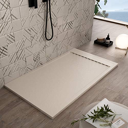 Luminosa ArredoBagno Plato de ducha de resina 170 x 70 cm – Efecto piedra antideslizante con GELCOAT – Modelo Luxury Crema – Rejilla de color sólido y desagüe incluidos