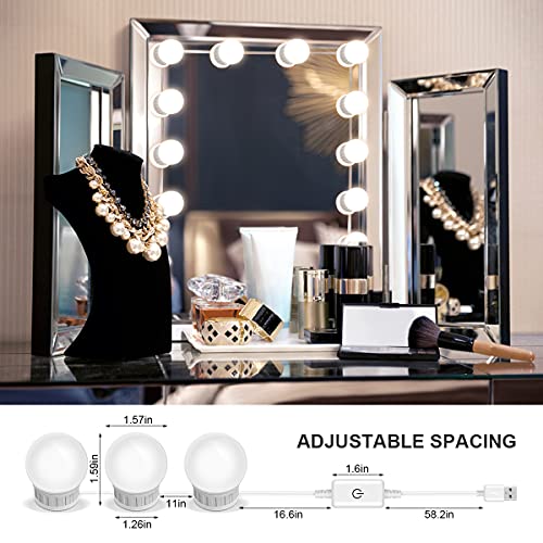 Luz de maquillaje, USB Luces de Espejo de Vanidad Luz LED de Espejo con 10 Bombillas Regulables Vanidad de Estilo Hollywood Luces de Espejo Bricolaje Luces Decorativas para Interiores