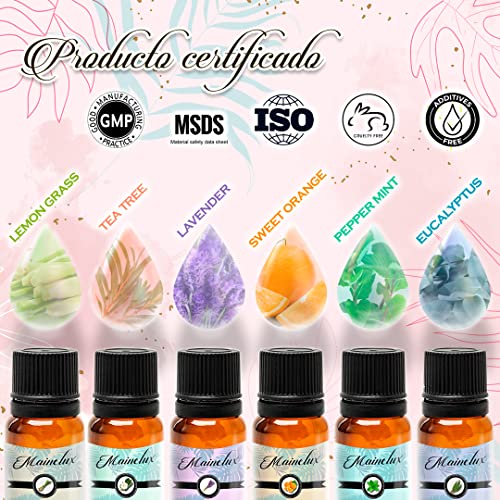 MAINELUX Aceites Esenciales para Humidificador, 100% Natural Puro Aromaterapia Top 6 Set de Regalo de Aceites Aromáticos 6 x 10 ml (Lavanda Hierba de Limón Menta Eucalipto Árbol de té y Naranja dulce)