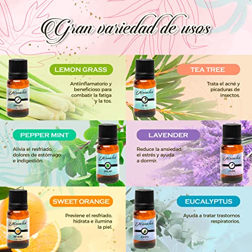 MAINELUX Aceites Esenciales para Humidificador, 100% Natural Puro Aromaterapia Top 6 Set de Regalo de Aceites Aromáticos 6 x 10 ml (Lavanda Hierba de Limón Menta Eucalipto Árbol de té y Naranja dulce)