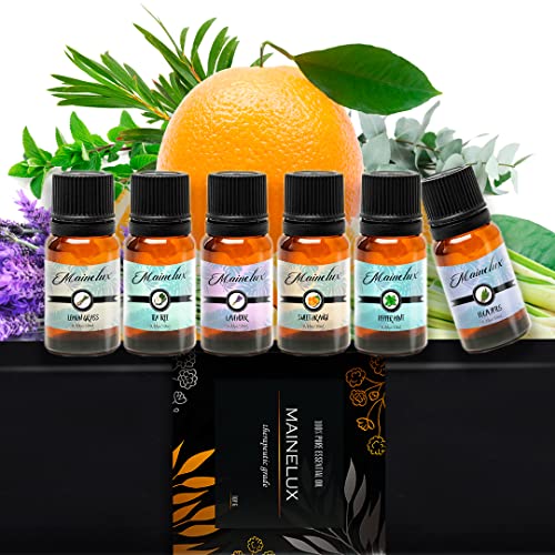 MAINELUX Aceites Esenciales para Humidificador, 100% Natural Puro Aromaterapia Top 6 Set de Regalo de Aceites Aromáticos 6 x 10 ml (Lavanda Hierba de Limón Menta Eucalipto Árbol de té y Naranja dulce)