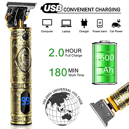 Maquina Cortar Pelo Profesional, Maquina de Afeitar Cortapelos hombre Cortadora de Pelo Inalámbrico Recortadora de Barba para Hombres, Carga USB, Pantalla LED, para Familias, Peluqueros (Dorado)