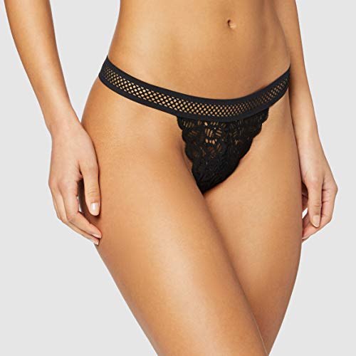 Marca Amazon - IRIS & LILLY Tanga de Encaje Estilo Crochet Mujer, Pack de 2, Negro (Black), L, Label: L