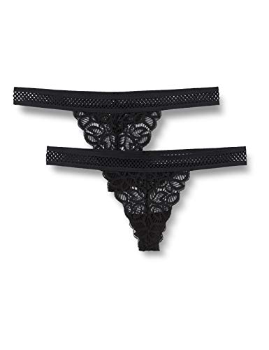 Marca Amazon - IRIS & LILLY Tanga de Encaje Estilo Crochet Mujer, Pack de 2, Negro (Black), L, Label: L