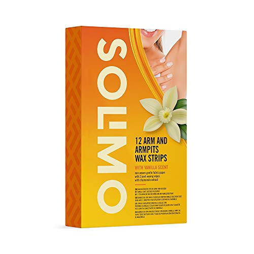 Marca Amazon - Solimo - Bandas de cera brazos y axilas con aroma de vainilla, papel de suave tejido no tejido con 4 toallitas posdepilación (4x12 bandas de cera)