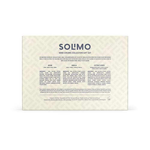 Marca Amazon -Solimo - Colección de cremas de manos con función hidratante y protectora, aroma de argán, vainilla y flor de algodón (3 x 30 ml)