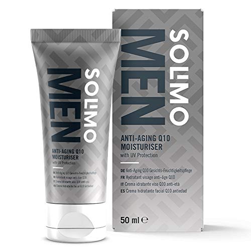 Marca Amazon - Solimo Men Crema hidratante facial Q10 Antiedad - Protección UV, 4x50ml