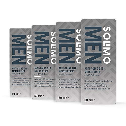 Marca Amazon - Solimo Men Crema hidratante facial Q10 Antiedad - Protección UV, 4x50ml