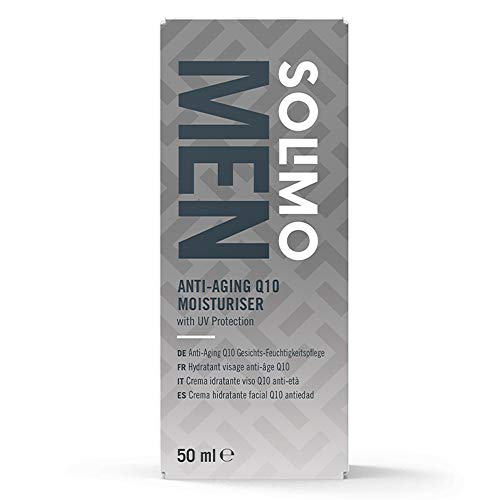 Marca Amazon - Solimo Men Crema hidratante facial Q10 Antiedad - Protección UV, 4x50ml