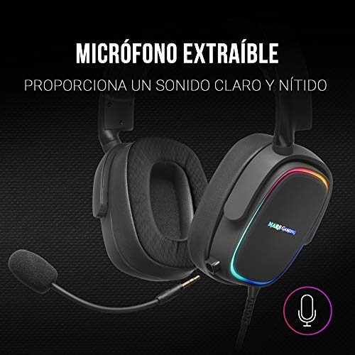 MARSGAMING MHAX Negro, Auriculares RGB Multiplataforma con Mic extraíble, 53 mm HiFi, Grande