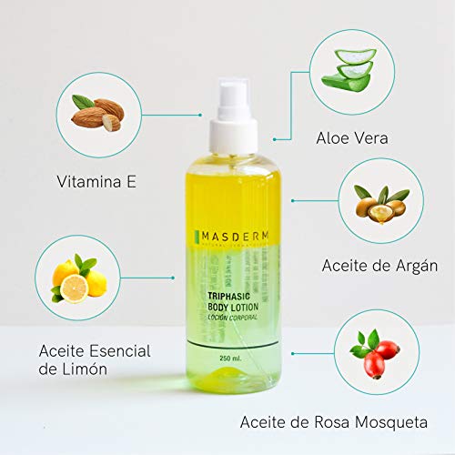 MASDERM | Loción Corporal Trifásica Hidratante | Suavidad ElasticidadRegeneración celular/Vitamina E Aloe Vera Rosa mosqueta Aceite de Argán Aceite esencial de limón | 250ml