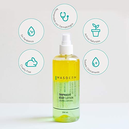 MASDERM | Loción Corporal Trifásica Hidratante | Suavidad ElasticidadRegeneración celular/Vitamina E Aloe Vera Rosa mosqueta Aceite de Argán Aceite esencial de limón | 250ml