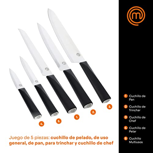 MasterChef 525521 Set de 5, Incl. mondador, Verduras, trinchar, Pan, Cuchillo de Cocinero y Soporte, Acero Inoxidable, Mangos ergonómicos, Stainless Steel