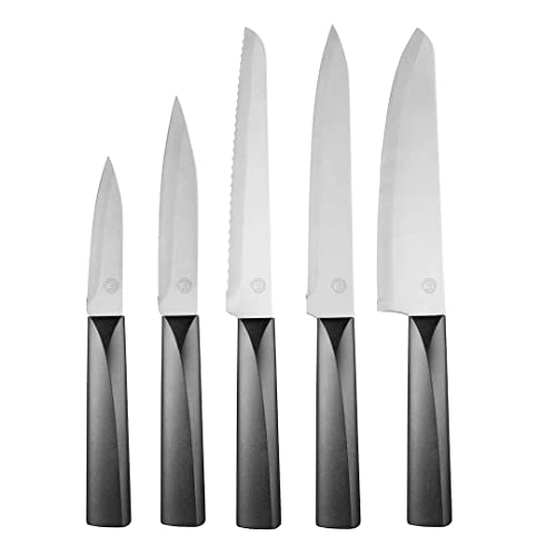 MasterChef 525521 Set de 5, Incl. mondador, Verduras, trinchar, Pan, Cuchillo de Cocinero y Soporte, Acero Inoxidable, Mangos ergonómicos, Stainless Steel