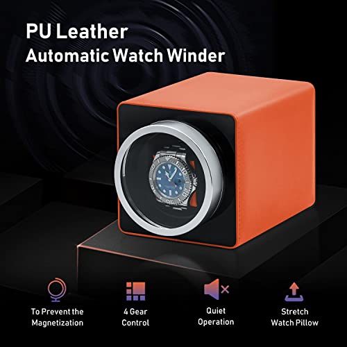 Mcbazel Caja de Relojes Automaticos Estuche para 1 Relojes, Watch Winder de Cuero PU Super Silencioso Caja Organizadora con 3 Opciones de dirección / 4 configuraciones de Velocidad - Naranja