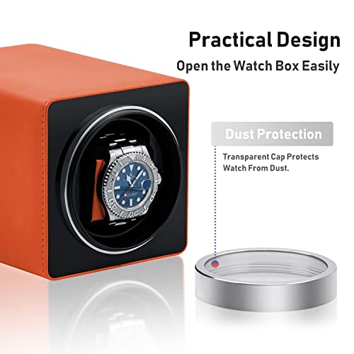 Mcbazel Caja de Relojes Automaticos Estuche para 1 Relojes, Watch Winder de Cuero PU Super Silencioso Caja Organizadora con 3 Opciones de dirección / 4 configuraciones de Velocidad - Naranja