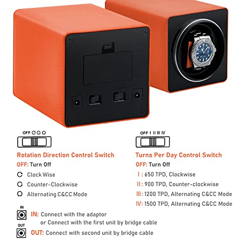 Mcbazel Caja de Relojes Automaticos Estuche para 1 Relojes, Watch Winder de Cuero PU Super Silencioso Caja Organizadora con 3 Opciones de dirección / 4 configuraciones de Velocidad - Naranja