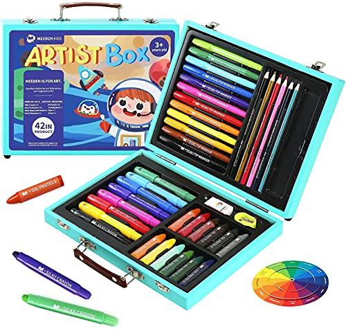 MEEDEN Arte Juego para Niños, Juego de dibujo para Niños con Caja de Madera Portátil,Colorear Libro,Crayones Sedosos,Colores Lápices y Suministros Arte para Pintar Kit de Arte para Niños,Niñas y Niños