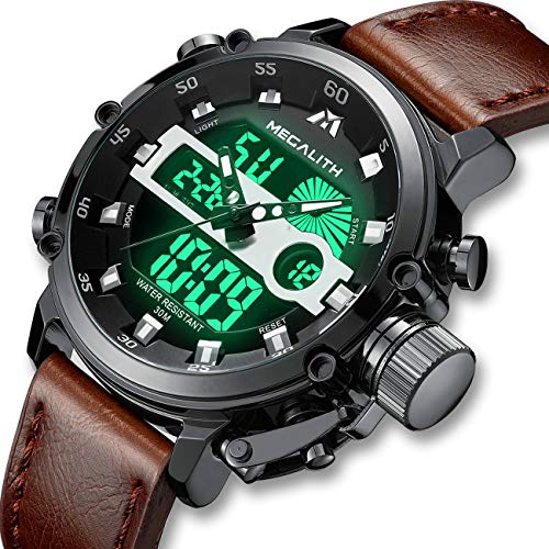 MEGALITH Relojes Hombre Digitales Militar Relojes Grandes LED Reloj de Pulsera Analogico Digital Deportivo Relojes de Hombre Cuero Impermeable Electrónico Cronometro Calendario - Marrón Negro