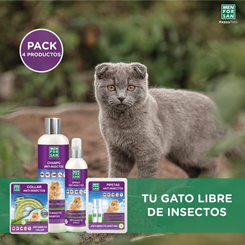 MENFORSAN Pack de 4 Productos antiparasitarios para Gatos, Contiene Cuatro Productos repelentes: Collar, Champú, Spray y Dos Unidades de pipetas Anti Insectos, Combate Cualquier Insecto