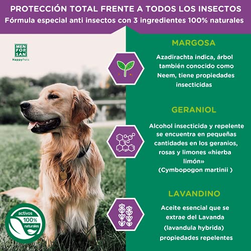 MENFORSAN Pack de 4 Productos antiparasitarios para Perros, Contiene Cuatro Productos repelentes: Collar, Champú, Spray y Dos Unidades de pipetas Anti Insectos, Combate Cualquier Insecto