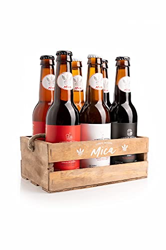 MiCA – Pack Degustación 6 Cervezas Artesanales – Caja Regalo Madera - 2 uds Blonde Ale Premium, 2 uds Ipa y 2 uds Ale - botellas 33 cl