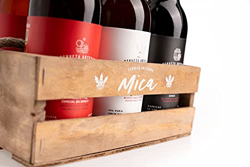 MiCA – Pack Degustación 6 Cervezas Artesanales – Caja Regalo Madera - 2 uds Blonde Ale Premium, 2 uds Ipa y 2 uds Ale - botellas 33 cl