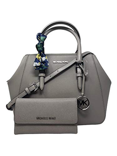 MICHAEL KORS Charlotte Large Satchel Shoulder Handbag Crossbody Grey Leather Bundled with Trifold Wallet and Removable Silk Scarf