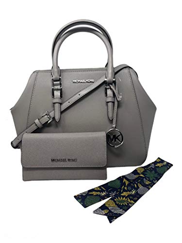 MICHAEL KORS Charlotte Large Satchel Shoulder Handbag Crossbody Grey Leather Bundled with Trifold Wallet and Removable Silk Scarf