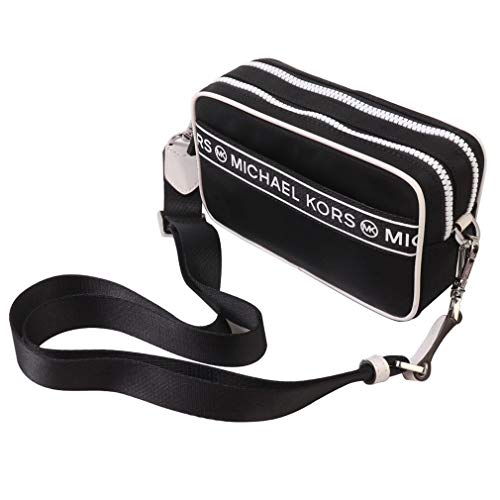 Michael Kors Logo Sport Tape Kenly Small Double Zip Camera Crossbody Bag (Black/White)