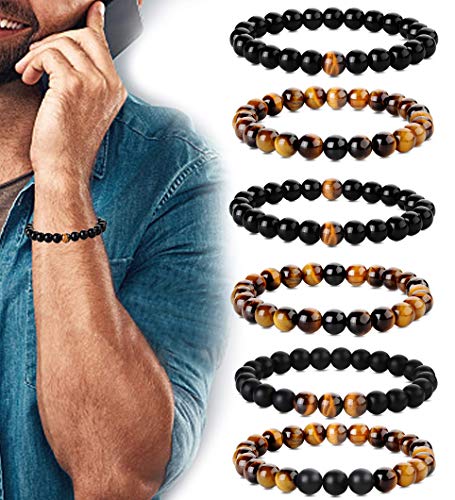 MILACOLATO 6Pcs 8mm Tiger Eye Bead Bracelets para Hombres Mujeres Pulseras Elásticas de Piedra Natural Yoga