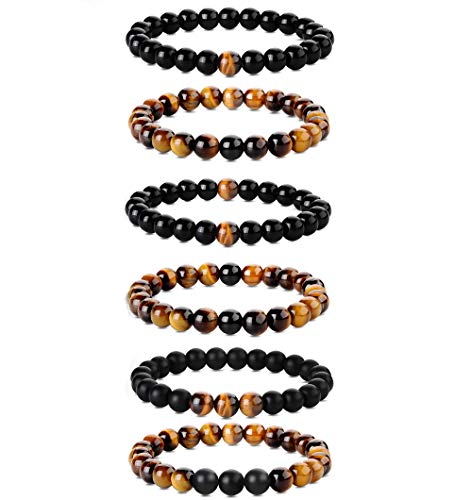 MILACOLATO 6Pcs 8mm Tiger Eye Bead Bracelets para Hombres Mujeres Pulseras Elásticas de Piedra Natural Yoga