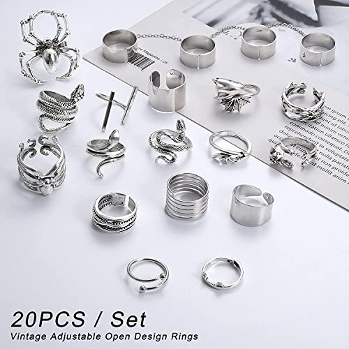 MILACOLATO Open Vintage Punk Anillos para Mujeres Hombres Cool Anillos Ajustables Set Snake Dragon Anillos Joyería Gótica Plata/Negro Anillos Set