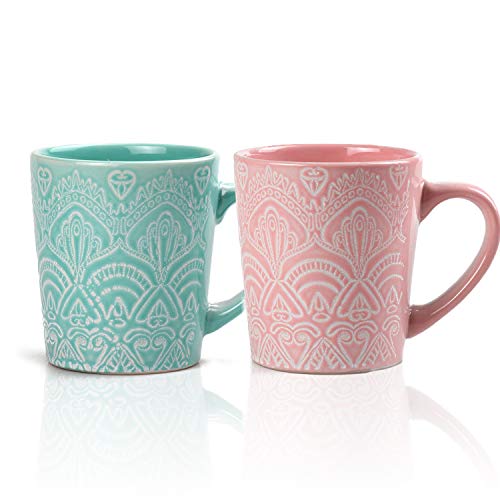 MiliPow Hannah Choice Fine Patterns y Texture Juego de tazas de café, tazas de té, 2 unidades, 320 ml, color verde y rosa