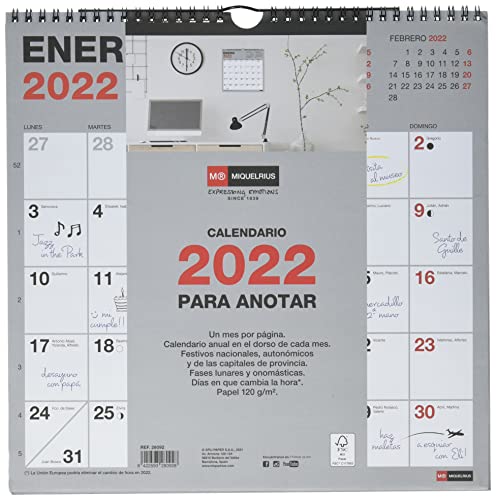 Miquelrius - Calendario de pared 2022 Basic - tamaño 300 x 300 mm - con espacio para anotar - Gris