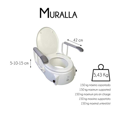 Mobiclinic, Muralla, Elevador WC con brazos, Asiento elevador, Adaptador WC para personas mayores, Regulable en altura de 5 a 15 cm, inclinable, reposabrazos abatibles