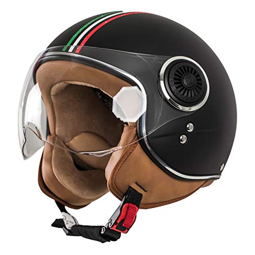 Monaco - Casco jet con visera, Retro Piloto Casco para llevar gafas, Roller-Helm para mujeres y hombres en Vintage-Look, Motorrad-Helm, Schwarz-Italia, calidad según la norma ECE (S)