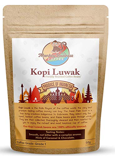 Monkey Business Coffee - Frijoles Integrales De Café Kopi Luwak Salvaje - 50 Gramos (Otros Pesos Y Tipos De Frijoles Disponibles) - Fuente Sostenible (De Indonesia)