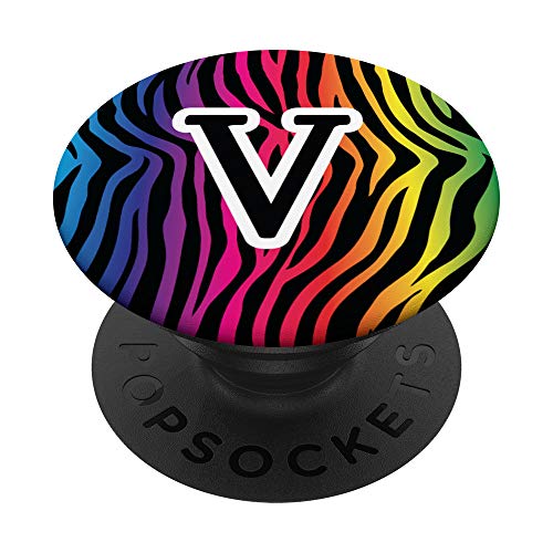 Monograma inicial letra V cebra arcoíris negro animal print PopSockets PopGrip Intercambiable