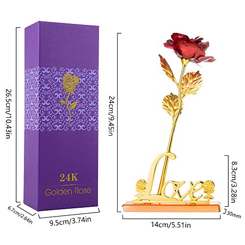 MOOKLIN ROAM Rosa, 24K Chapado en Oro Rosa Flores Artificiales con Caja de Regalo y Base, para San Valentín, Día de la Madre, Aniversario, Boda, Cumpleaños,decoración del hogar (Rojo)