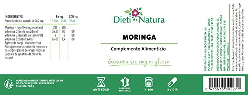 Moringa 200 cápsulas de Dieti Natura. Antioxidante y fortificante [Fabricado en Francia][Garantía Sin OGM ni Gluten] (Un bote de 200 cápsulas)