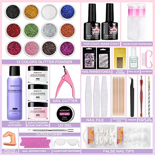 Morovan Kit Uñas Acrilicas - Líquidos y Polvos Acrílicos de Brillo Uñas Acrilicas Kit Completo Uñas Acrilicas Kit Completo Profesional con Todo Acrilico Extensión de Uñas DIY Nail Art Decoración