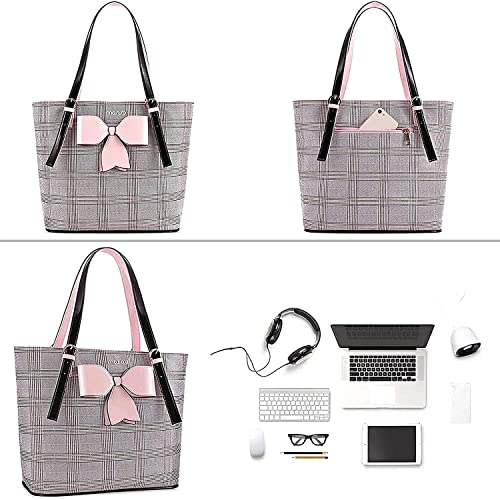 MOSISO Tote Bolsa Compatible con MacBook Pro 16 2021 M1 Pro/M1 MAX A2485/A2141/Pro Retina 15 A1398,15-15,6 Pulgadas Portátil ​PU Cuero Cuadrícula de Gran Capacidad de Maletín con Bowknot,Rosa&Rojo