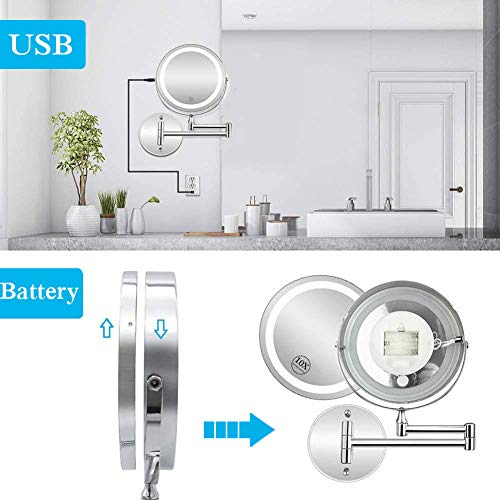 MRJ Espejo de Aumento de Pared 10X, Redondo de Pared Espejo de Baño Giratorio, Espejo de Maquillaje con luz LED, Extensible, Doble Cara giratoria de 360 °, 7 Pulgadas