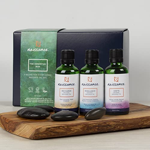 Naissance Aceites De Masaje Orgánico The Essentials Box Kit - Set Regalo Decontractante 3 x 50ml Terapia Natural Alivio Estres Cuidado Articulaciones Calmante Muscular - Perfecto Para Toda Ocasión