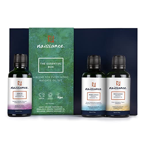 Naissance Aceites De Masaje Orgánico The Essentials Box Kit - Set Regalo Decontractante 3 x 50ml Terapia Natural Alivio Estres Cuidado Articulaciones Calmante Muscular - Perfecto Para Toda Ocasión