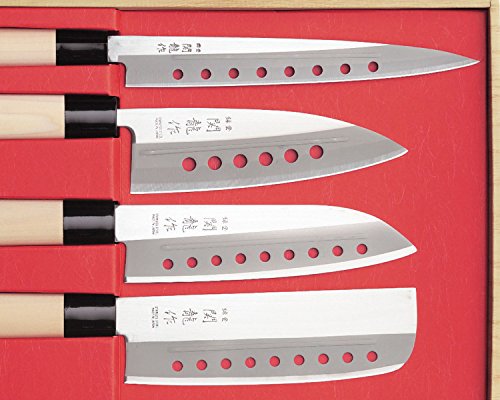 Nakiri SR1100 - Juego de cuchillos profesionales japoneses SasHIMI, DEBA, SANTOKU, NAKIRI SR1100 de acero inoxidable mango de madera de chopo cuchillas de 21 cm, 15 cm, 16,5 cm